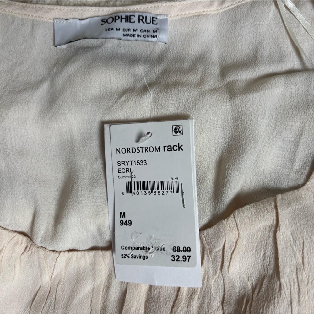 New! Sophie rue To Neck Short Puff Sleeves Ruche Ivory Ecru Top Size M - Picture 2 of 3